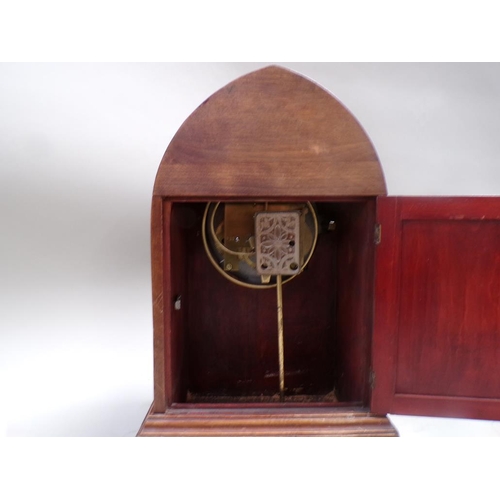 1469 - EARLY 20c MAHOGANY LANCET TYPE MANTEL CLOCK - 38cms H