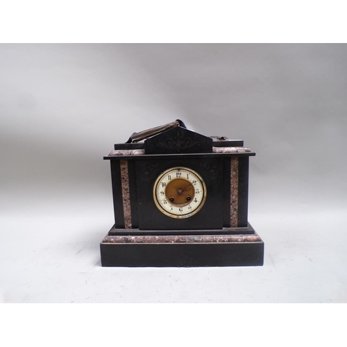 1480 - EARLY 20c BLACK SLATE AND MARBLE MANTEL CLOCK - 30cms H