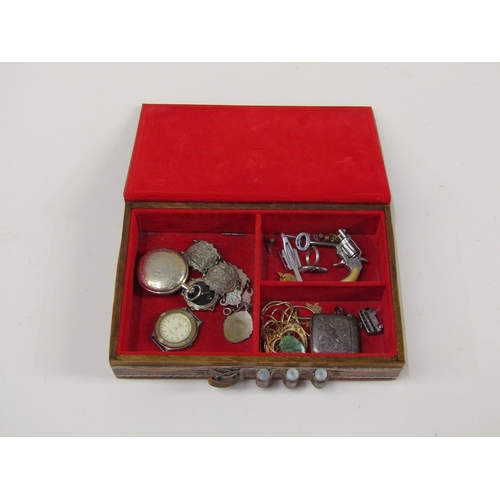 1646 - BOX OF WRISTWATCHES, POCKET WATCHES, SILVER VESTA, COSTUME JEWELLERY ETC.