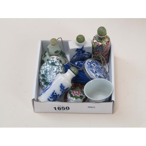 1650 - SEVEN ORIENTAL DECORATED PERFUME BOTTLES, PLUS A PENDANT AND A SAKE CUP