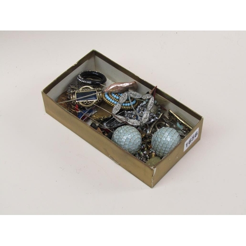 1656 - BOX OF MIXED COSTUME JEWELLERY, HAT PINS, ETC