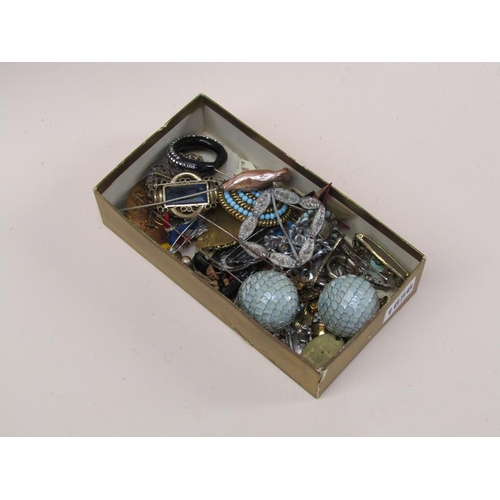 1656 - BOX OF MIXED COSTUME JEWELLERY, HAT PINS, ETC