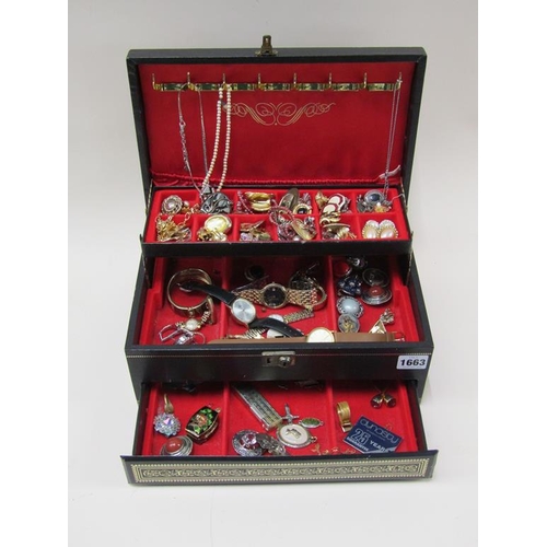 1663 - JEWELLERY BOX AND CONTENTS TO INC. EARRINGS AND WATCHES ETC