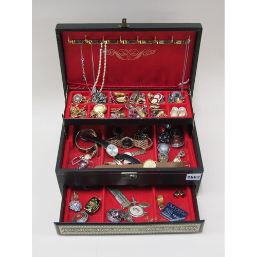 1663 - JEWELLERY BOX AND CONTENTS TO INC. EARRINGS AND WATCHES ETC