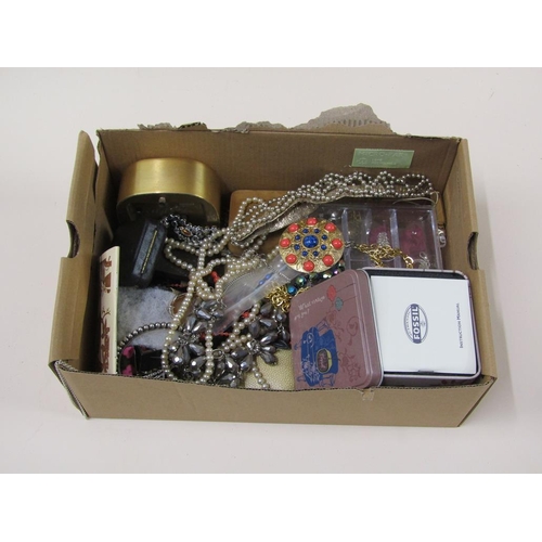 1672 - BOX OF MIXED COSTUME JEWELLERY, WATCHES, EARRINGS ETC