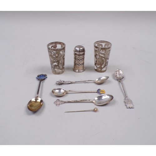 1696 - TWO SILVER CASED GLASSES, SILVER PEPPER, SPOONS