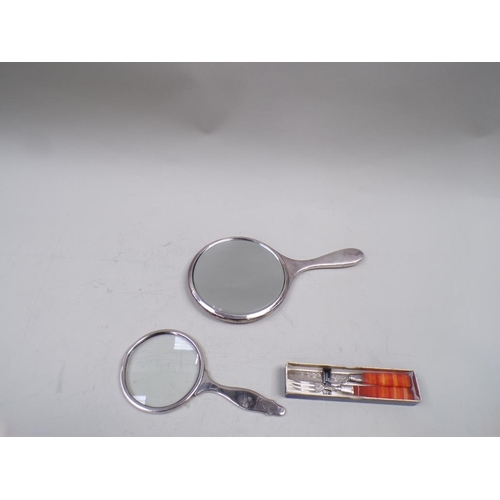 1716 - BOX OF SMALL SILVER AND PLATE INC. MAGNIFYING ENAMEL HAND MIRRING, CHEESE SCOOP ETC