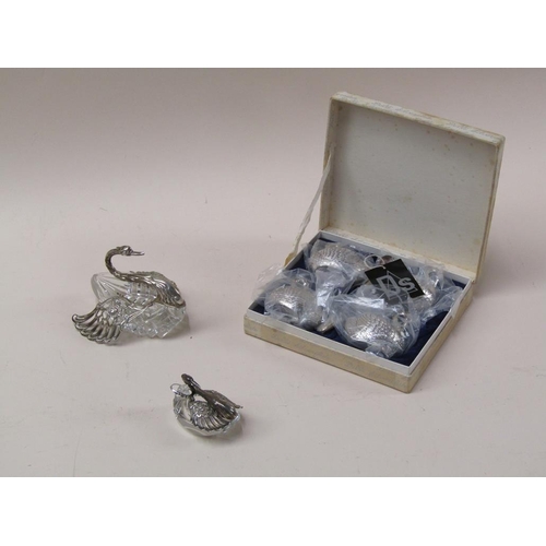 1727 - FOUR SILVER PLATED SWAN SALTS AND TWO GLASS SILVER MOUNTED SWAN SALTS