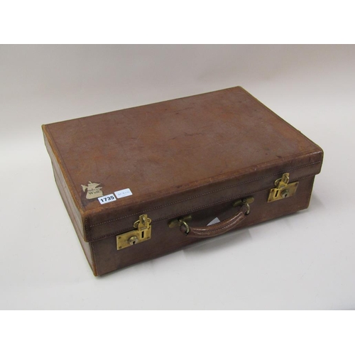 1735 - BROWN LEATHER SUITCASE WITH SILVER TOPPED GLASS BOTTLES