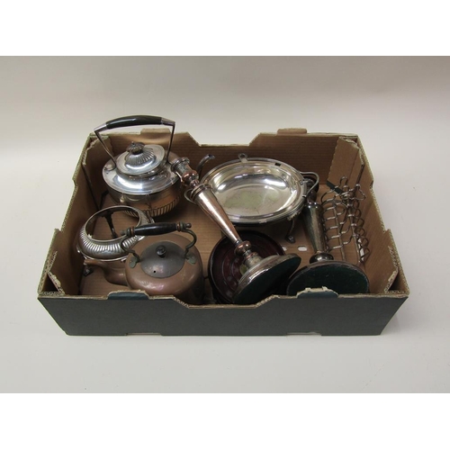 1738 - BOX OF MIXED SILVER PLATE TO INC. KETTLE ON STAND, BREAKFAST DISH ETC.