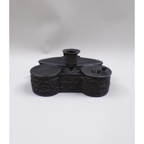 1780 - VICTORIAN BLACK BASALT INK STAND, 17CM W - ONE LID A/F