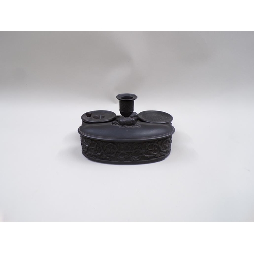 1780 - VICTORIAN BLACK BASALT INK STAND, 17CM W - ONE LID A/F