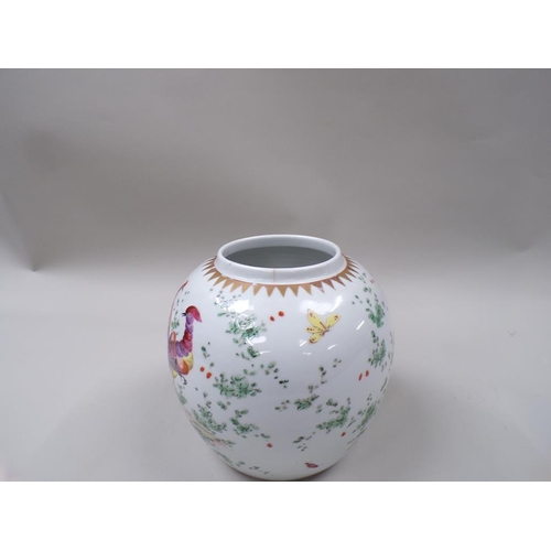 1827 - ORIENTAL HAND PAINTED GINGER JAR - BIRDS AND INSECTS, 22CM H