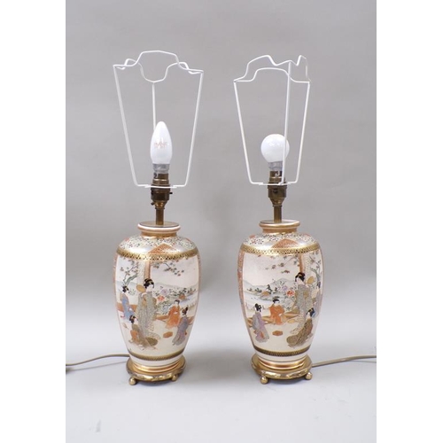 1830 - PAIR OF JAPANESE SATSUMA VASES CONVERTED TO LAMPS, 28CM H