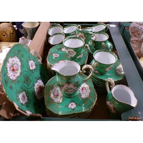 1841 - NORITAKE TEA SERVICE HAND PAINTED ON GREEN GROUND WITH FLOWERS - CUPS 7CM H