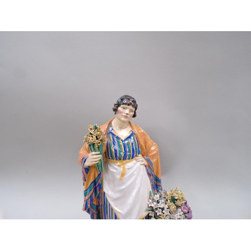 1873 - 1920'S  CHARLES VYSE CHELSEA POTTERY FIGURE - THE DAFFODIL WOMAN, 1923, ON WOODEN BASE A/F, 27CM H