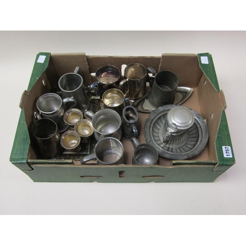 1757 - BOX OF PEWTER, SILVER PLATED TANKARDS ETC.