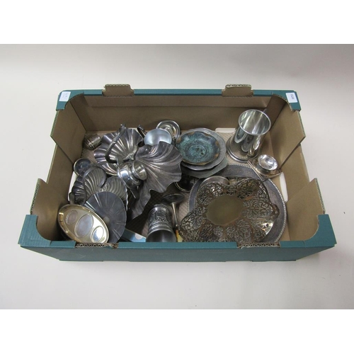 1758 - BOX OF MIXED SILVER PLATED TRAYS, CUTLERY, TANKARDS ETC.