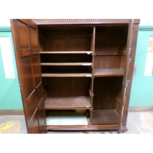 1890 - 19c JACOBEAN STYLE OAK CUPBOARD WITH PANEL DOORS, DENTIL CARVED FREIZE 163 x 215cms