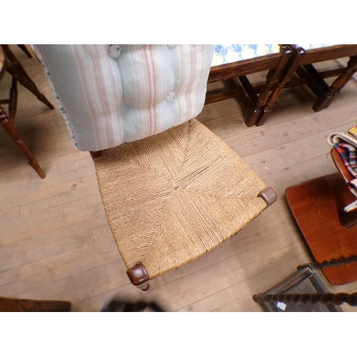 1914 - LATE 19/EARLY 20c WALNUT FRAMED CARVED SPINDLE BACK RUSH SEAT SINGLE CHAIR