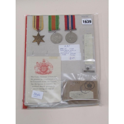 1639 - SECOND WORLD WAR MEDALS - AFRICA STAR, DEFENCE MEDAL, WAR MEDAL