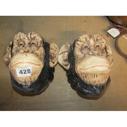 428 - PAIR CERAMIC MONKEY WALL POCKETS