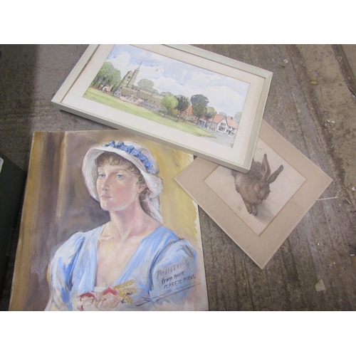 444 - COLLECTION OF MISC. OIL PAINTINGS, WATERCOLOURS AND PRINTS INC. ALBRECHT DURER PRINT OF THE HARE