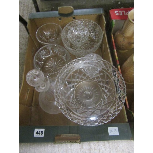 446 - BOX OF MIXED CUT GLASSWARE AND DECANTER WITH STOPPER