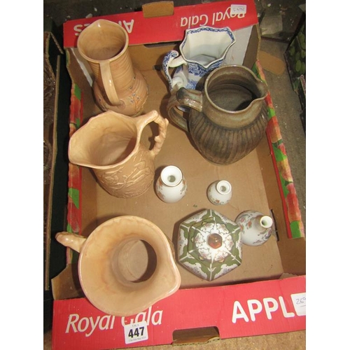 447 - FIVE MISC. CERAMIC JUGS TOGETHER WITH SMALL VASES AND A POT AND COVER