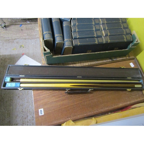 460 - SHOVE HA'PENNY BOARD AND A RILEY BURWAT SNOOKER CUE IN CARRY CASE