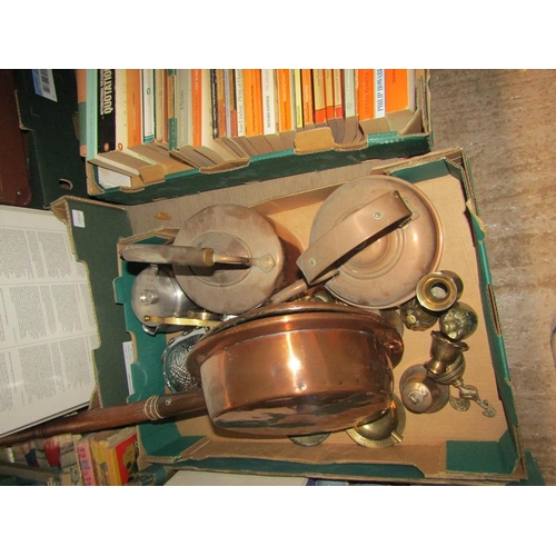 476 - COPPER WARMING PAN TOGETHER WITH BOX OF MIXED SMALL METALWARE AND TWO COPPER KETTLES