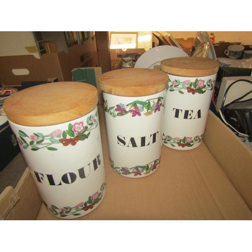 466 - THREE PORTMEIRION FLOUR, SALT, TEA CONTAINERS WITH WOODEN LIDS