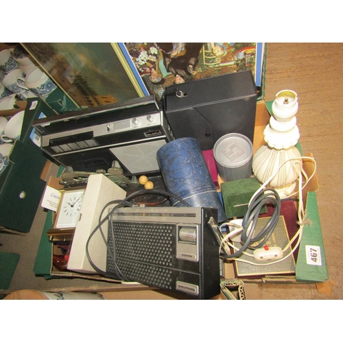 467 - BOX OF MISC. CLOCKS, RADIOS, TABLE LAMP ETC