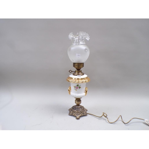 1391 - CERAMIC AND GILT METAL OIL LAMP WITH FUNNEL AND SHADE 68cmS H