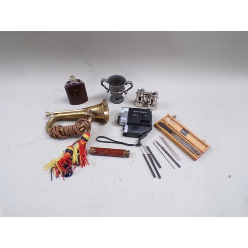 1437 - BOX OF MISC. ITEMS INC. TRUMPET AND BENTLEY SUPER 8 CAMERA