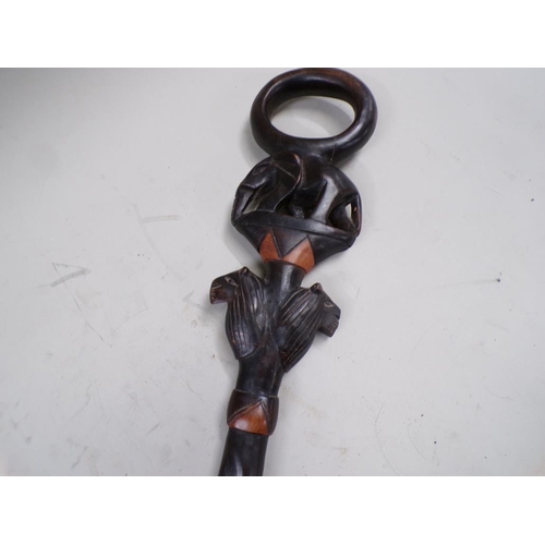 1439 - AFRICAN CHIEFTAN CARVED WOOD ELEPHANT AND LION WALKING STICK