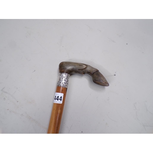 1444 - CANE WALKING STICK WITH CARVED HORN HORSES HOOF HANDLE
