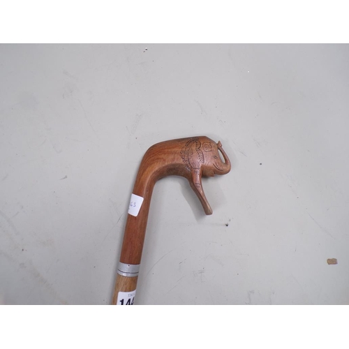1445 - ORIENTAL WALKING CANE WITH CARVED ELEPHANT HANDLE
