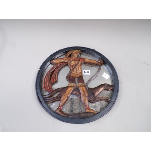 1412 - CARVED AND PAINTED WOODEN MIRROR BACK HERCULANEUM HUNTING SCENE 37cms DIA