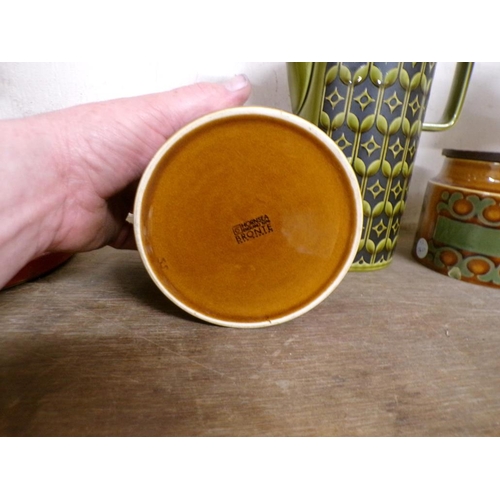 14 - HORNSEA POTTERY COFFEE POT; TWO STORAGE JARS