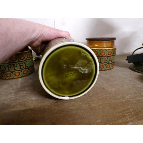 14 - HORNSEA POTTERY COFFEE POT; TWO STORAGE JARS