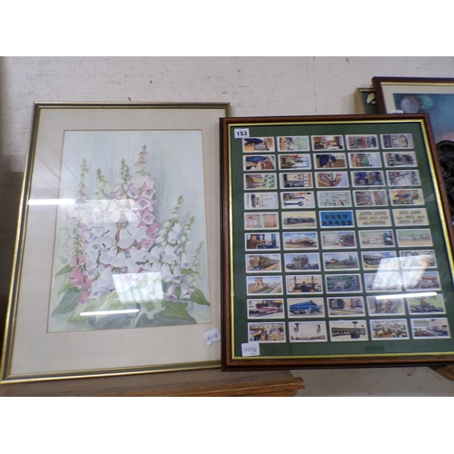 153 - FRAMED WATERCOLOUR; FRAMED CIGARETTE CARDS