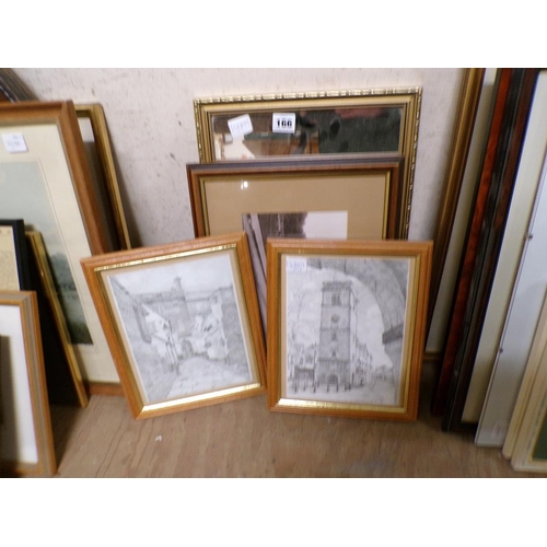 166 - FRAMED PRINTS, GILT MIRROR