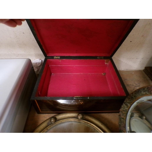 58 - TWO CIRCULAR WALL MIRRORS; 19C NEEDLEWORK BOX