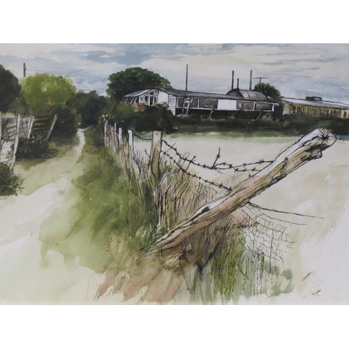 1200 - J DROUGHT - PEACEFUL TOWN SCENE, 28CM X 35CM; GEORGE J DROUGHT - FALLEN FENCE - WATERCOLOURS, F/G