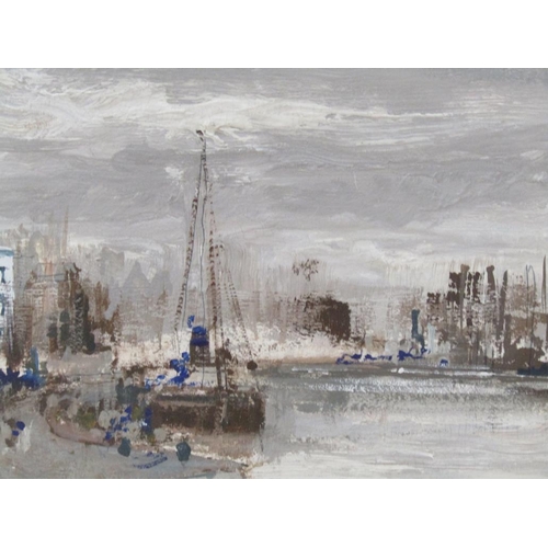 1203 - ROMART 1971 - HARBOUR QUAYSIDE WITH MOORED BOAT & COASTAL ESTUARY, F/G, 18CM X 29CM