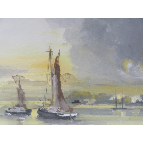 1203 - ROMART 1971 - HARBOUR QUAYSIDE WITH MOORED BOAT & COASTAL ESTUARY, F/G, 18CM X 29CM