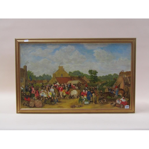 1205 - E.D THOMSON - PITLESSIE FAIR, EARLY 19C SIGNED AND TITLED OIL ON CANVAS, FRAMED, 52CM X 85CM