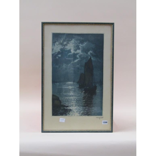 1208 - A LAYTON - SAILING VESSELS IN THE MOONLIGHT, LIMITED EDITION PRINT WITH STAMP, F/G, 49CM X 30CM