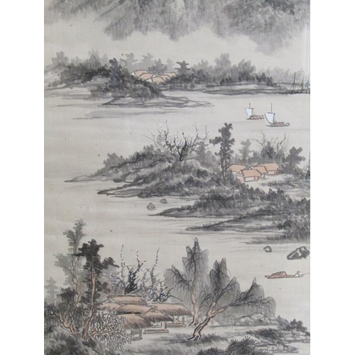 1217 - WAH CHEONG - ORIENTAL PRINT, VILLAGES, SEA ISLANDS AND MOUNTAINS, F/G, 107CM X 34CM